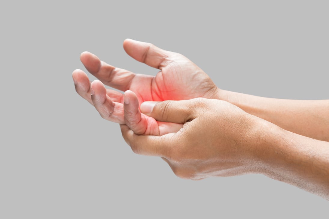 Pain in the palm of hand caused by bruising or injuring.